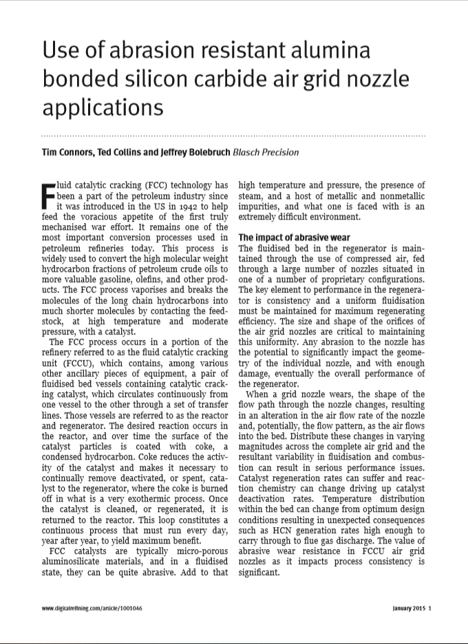 First page of "Use of abrasion resistant alumina bonded silicon carbide air grid nozzle applications" white paper.