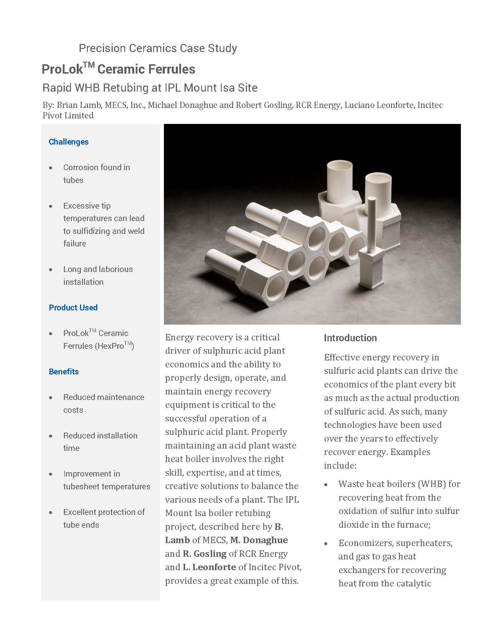 First page of the "ProLok Ceramic Ferrules - Rapid WHB Retubing at IPL Mount Isa Site" case study.