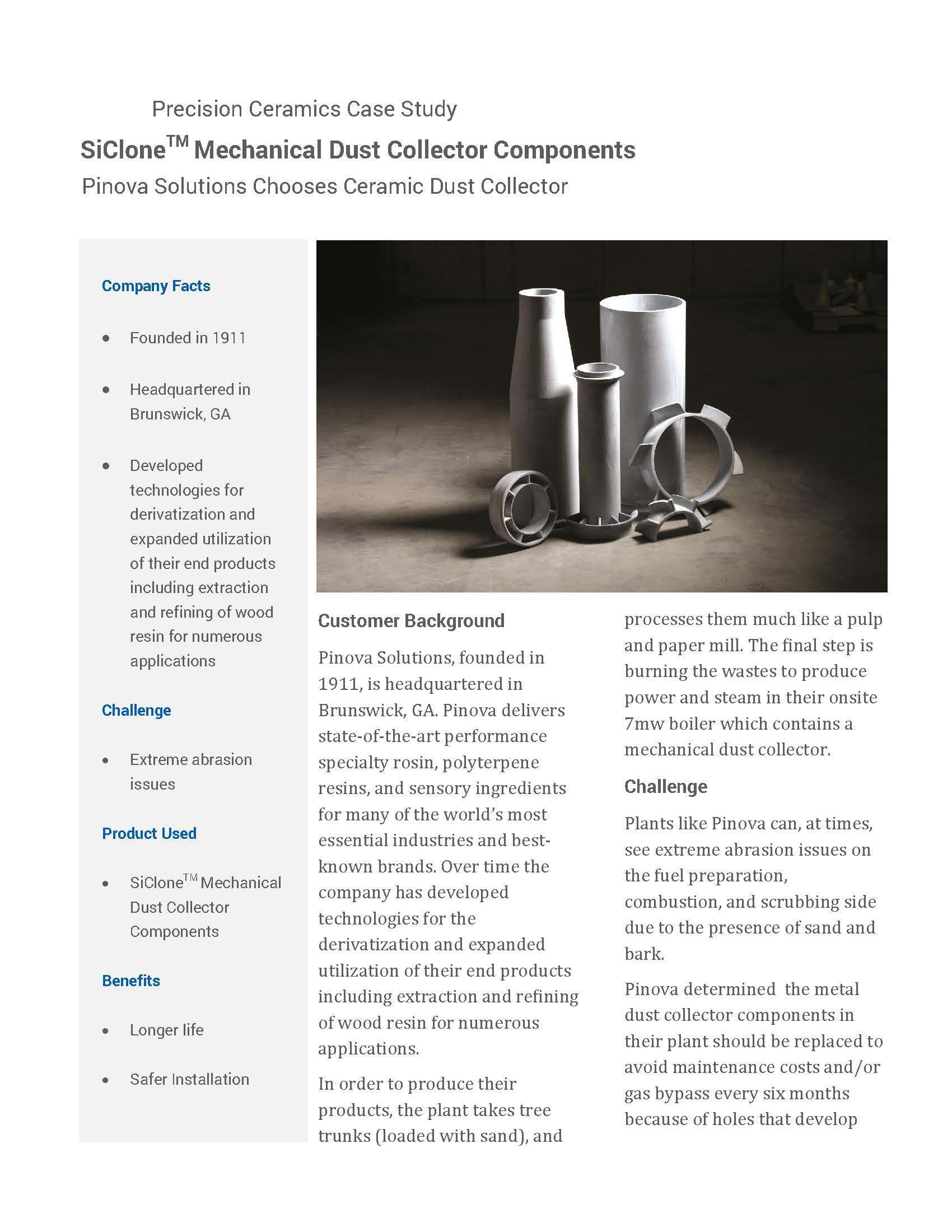 First page of the "SiClone Mechanical Dust Collector Components" case study.