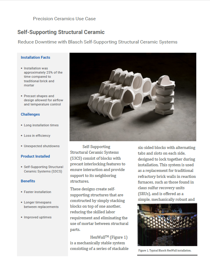 First page of the "Self-Supporting Structural Ceramic - Reduce Downtime with Blasch Self-Supporting Structural Ceramic Systems" case study.