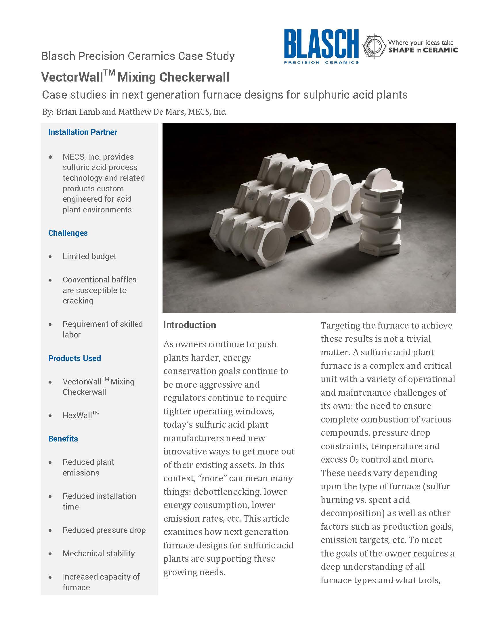 First page of the "VectorWall Mixing Checkerwall - Case studies in the next generation furnace designs for sulphuric acid plants" case study.